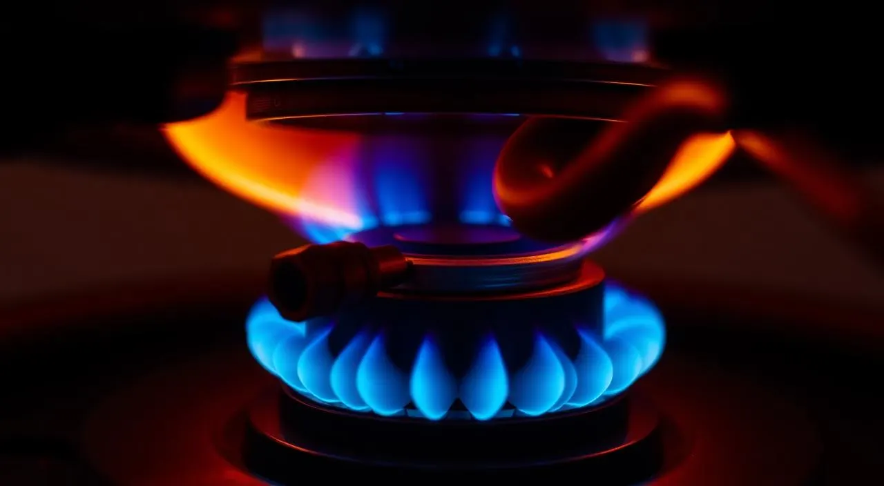 Close-up of a gas water heater pilot flame and thermocouple sensor — pilot light troubleshooting in Columbus