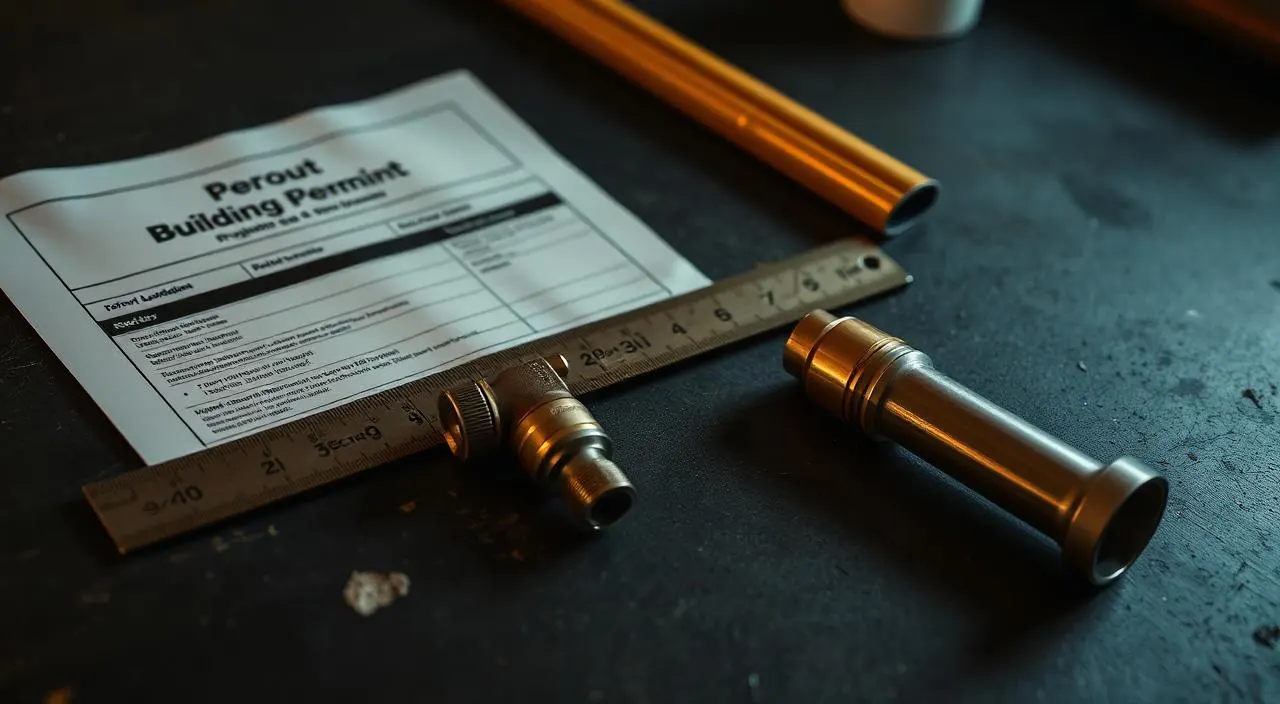 Building permit document with a brass T&P valve and CPVC pipe on a workbench — Columbus plumbing codes for water heaters