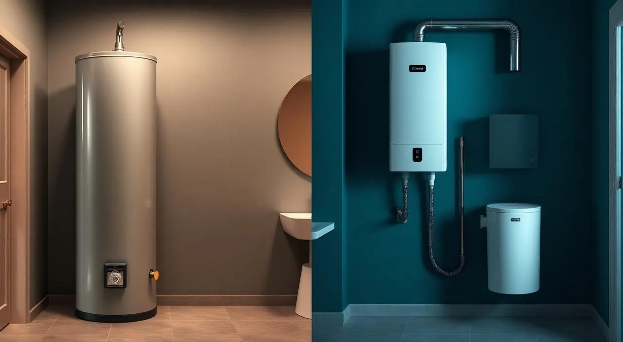 Side-by-side comparison of a traditional tank water heater and a wall-mounted tankless unit for Columbus homes