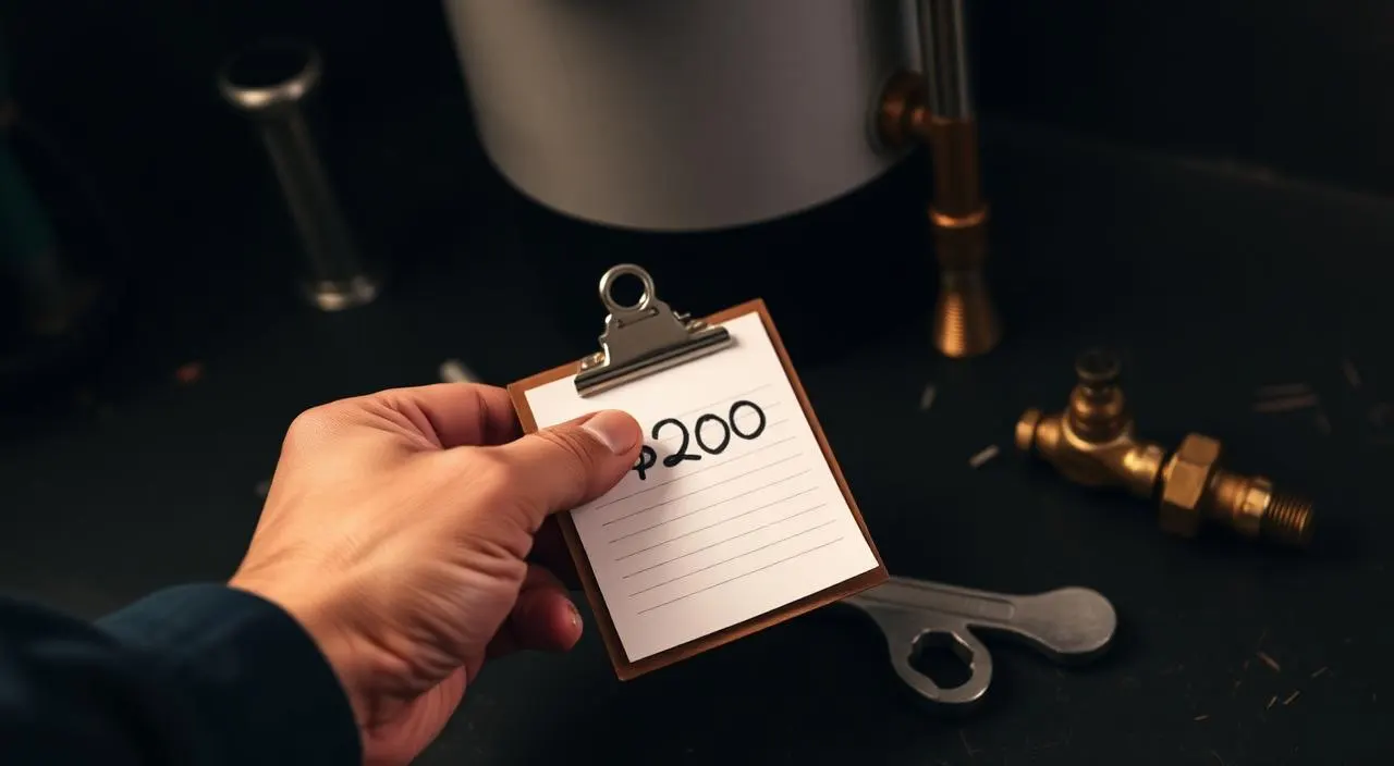 Plumber holding a clipboard estimate next to brass valves and a wrench — water heater repair cost guide for Columbus