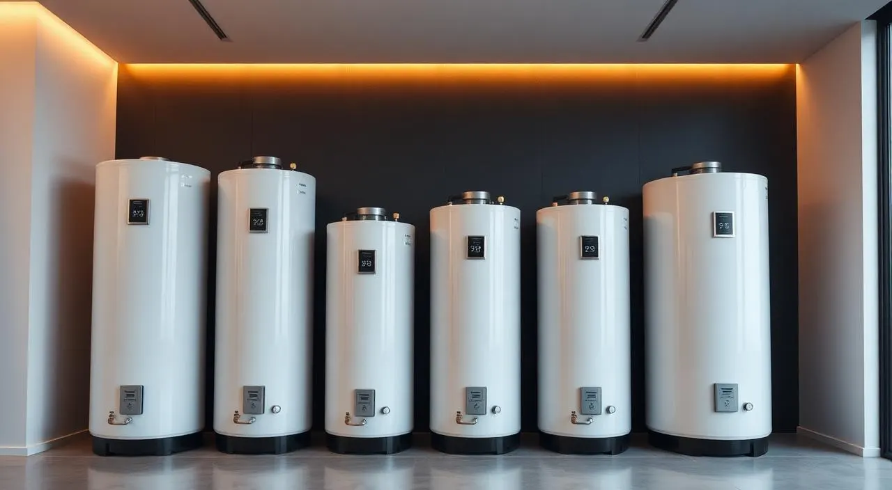 Row of residential water heater tanks in escalating sizes — water heater sizing guide for Columbus homes