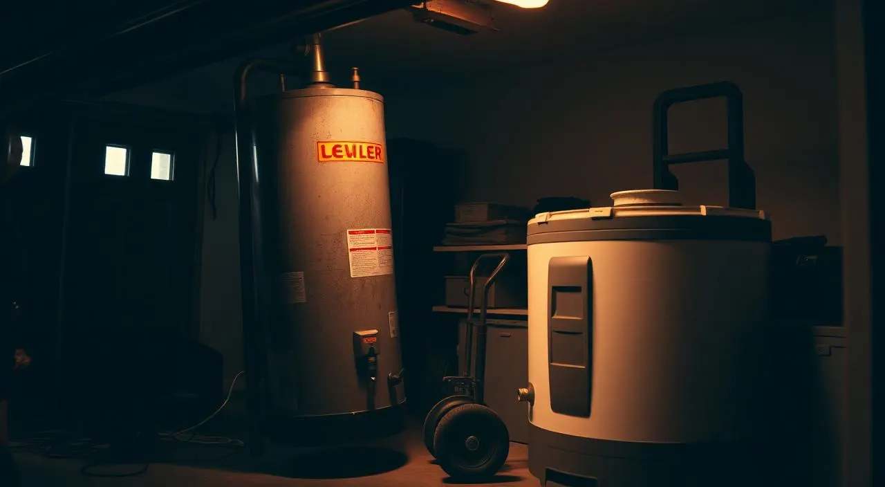 Old water heater being removed beside a new replacement unit in a Columbus basement — when to replace your water heater